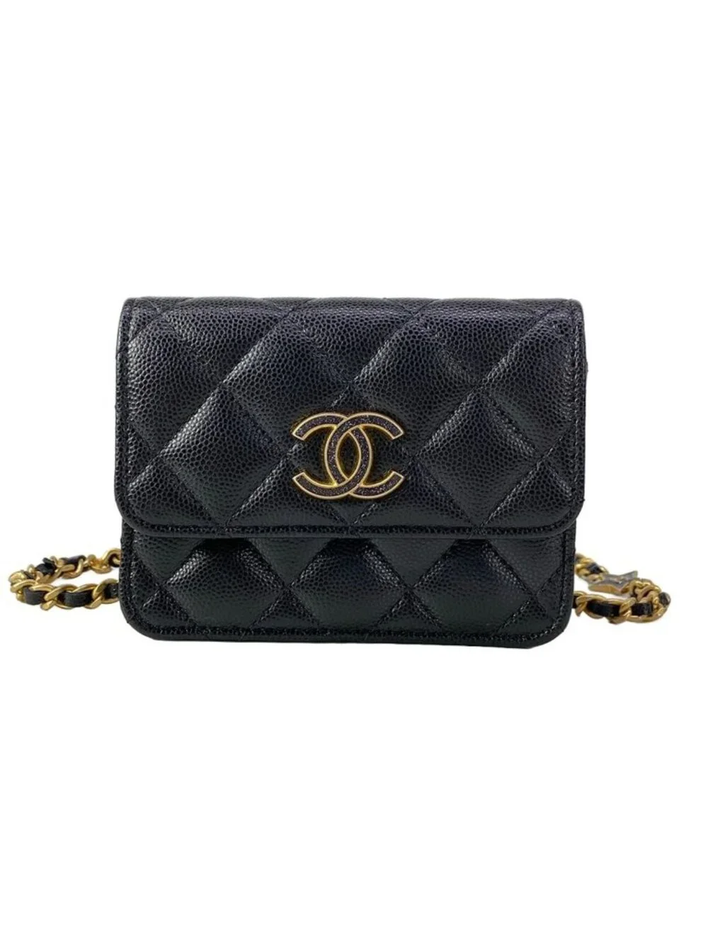 Chanel Waist Pouch Quilted Black Mini Bag Chain Belt Matt Togo